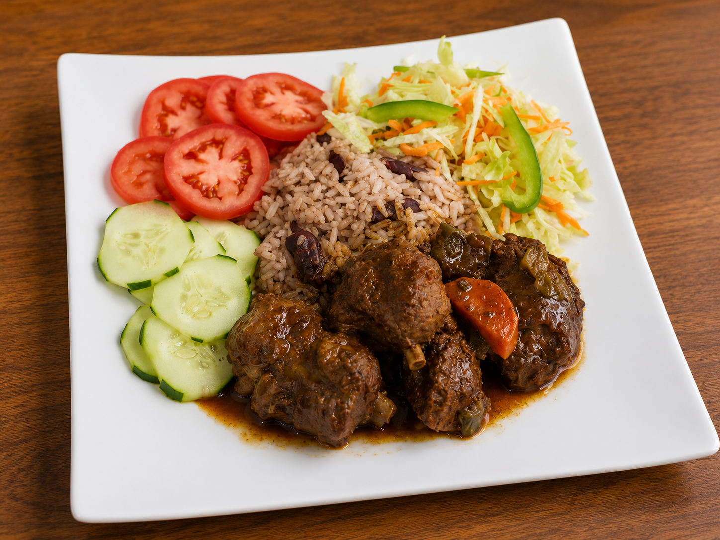 Jamaican brown stew chicken with rice and peas